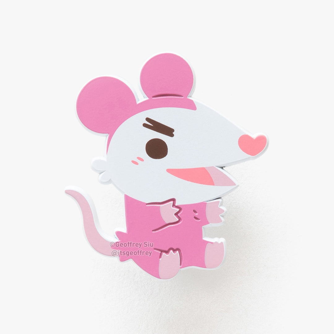 Cartoon opossum character with pink ears and body on a white background